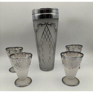 Vintage Silver & Frosted Glass Cocktail Shaker With 4 Matching Glasses Art Deco